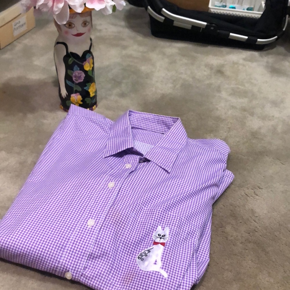Purple check cotton blouse with the cat meow.